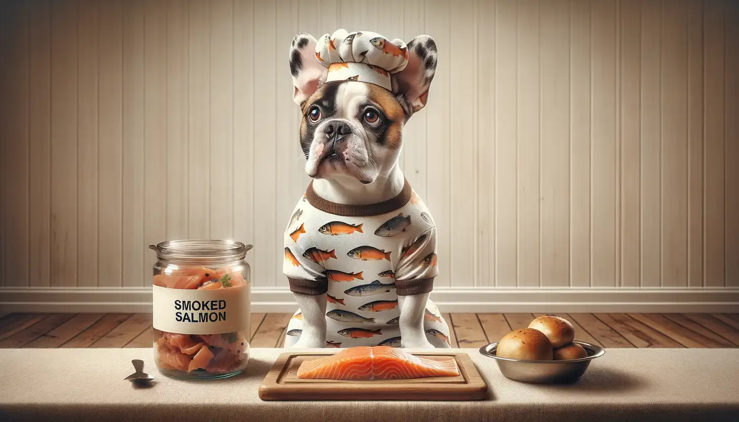 A dog with a wary expression looking at smoked salmon, showing they are harmful to dogs.