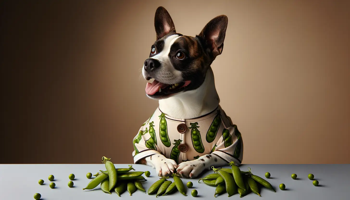 A dog with a happy expression looking at snap peas, highlighting healthy food for dogs.