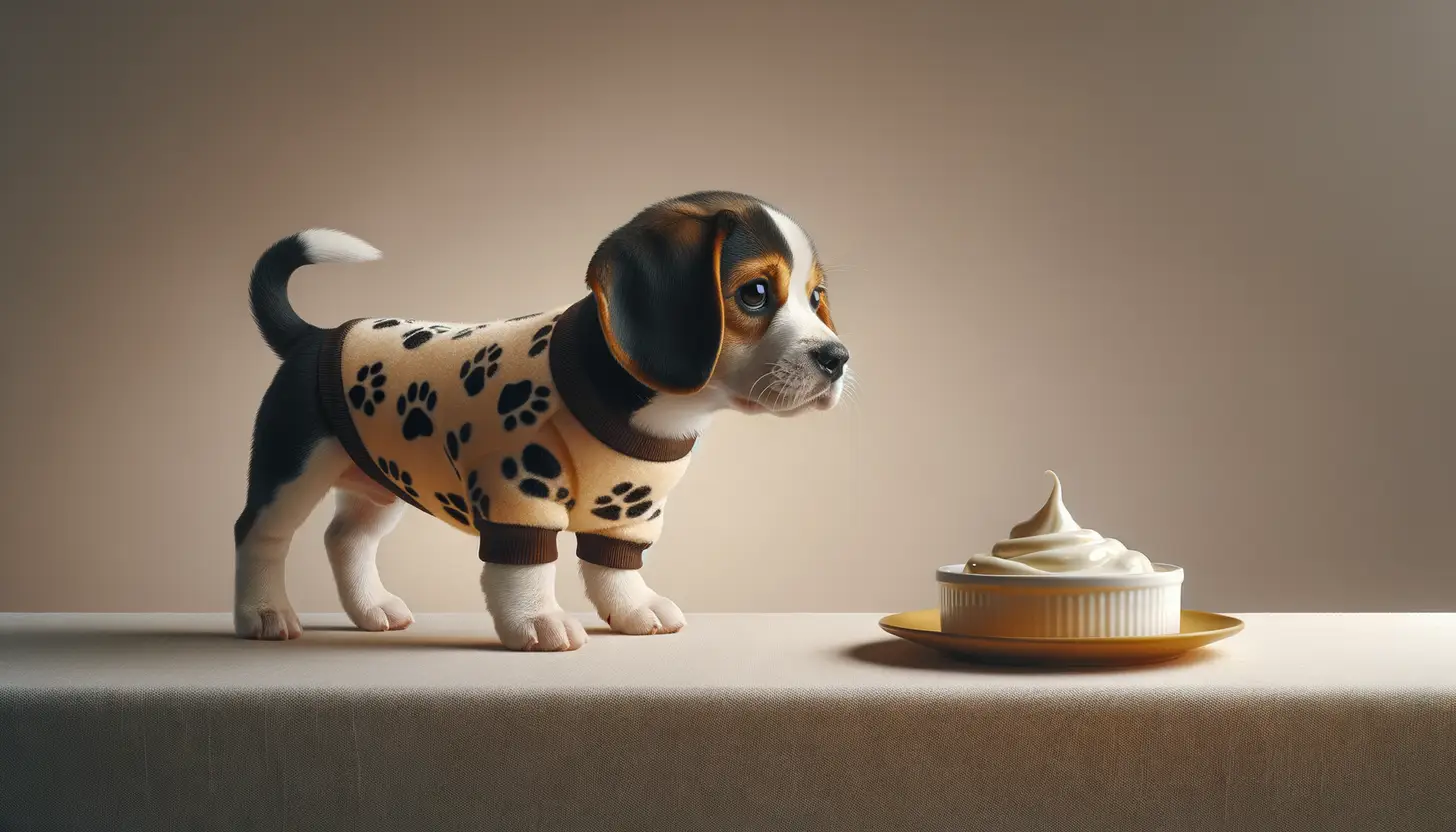 A dog with a wary expression looking at sour cream, showing they are harmful to dogs.