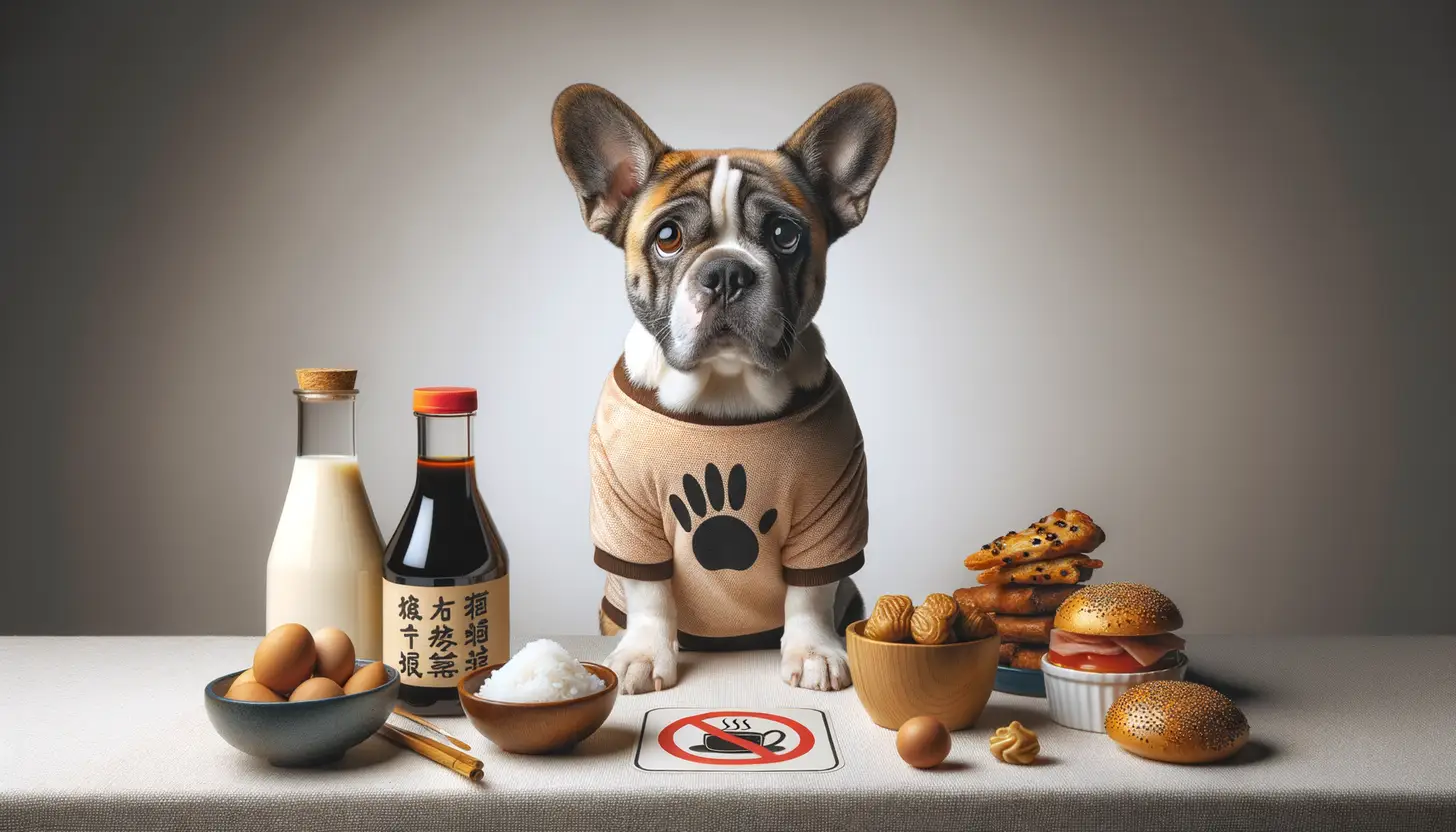 A dog with a wary expression looking at soy sauce, showing they are harmful to dogs.