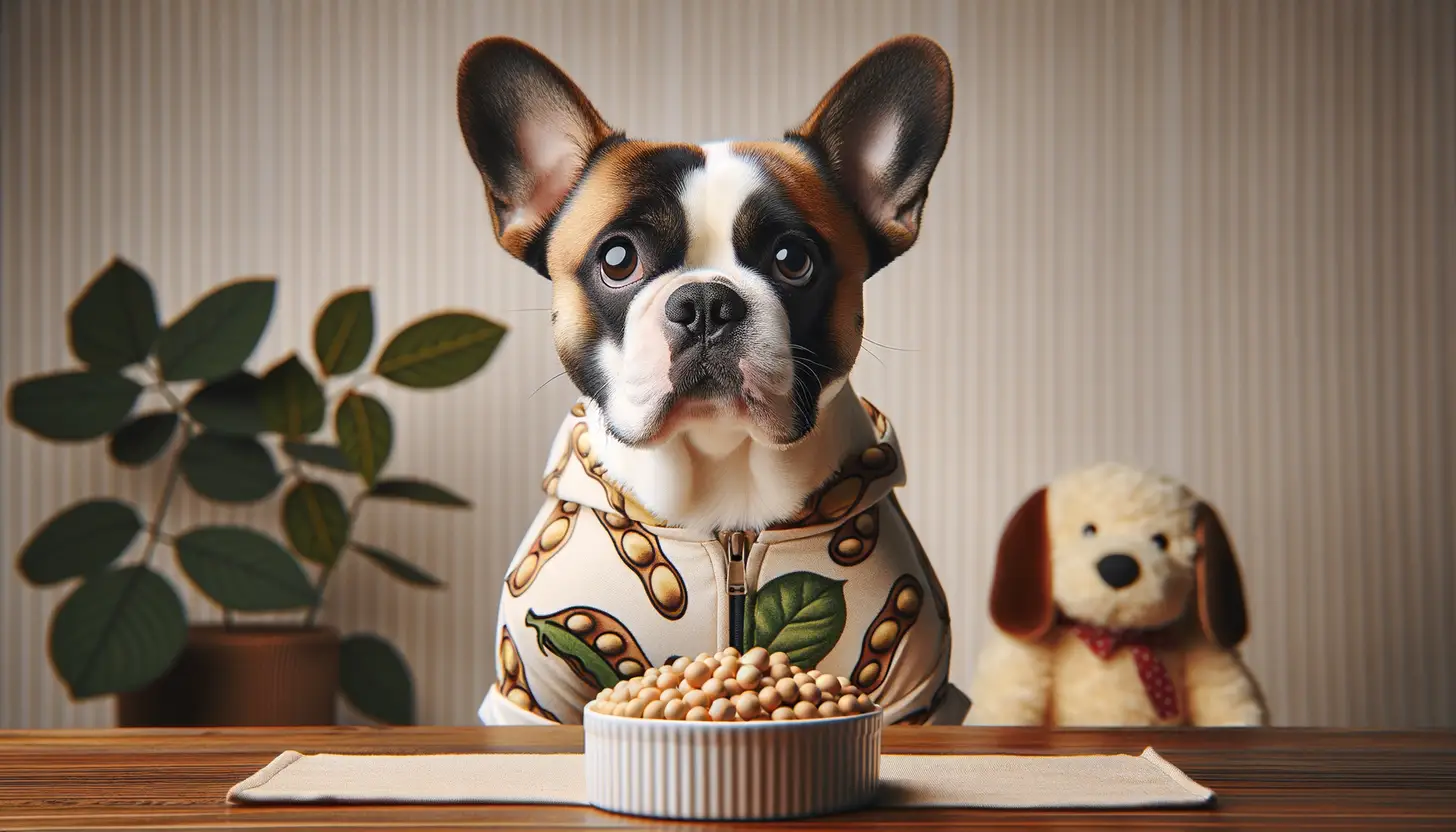 A dog with a curious expression looking at soybeans, indicating moderate safety for dogs.