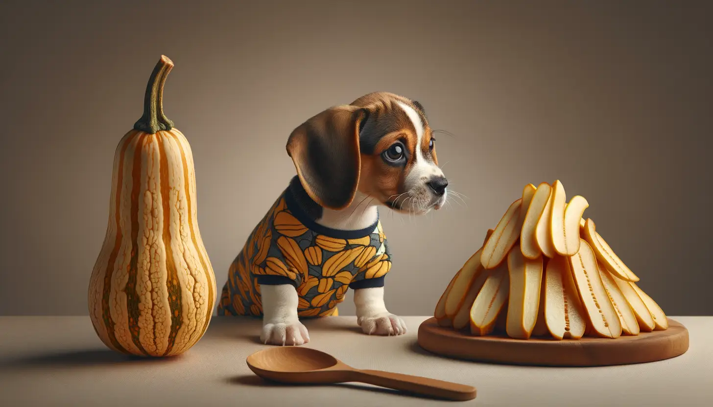 A dog with a happy expression looking at spaghetti squash, highlighting healthy food for dogs.