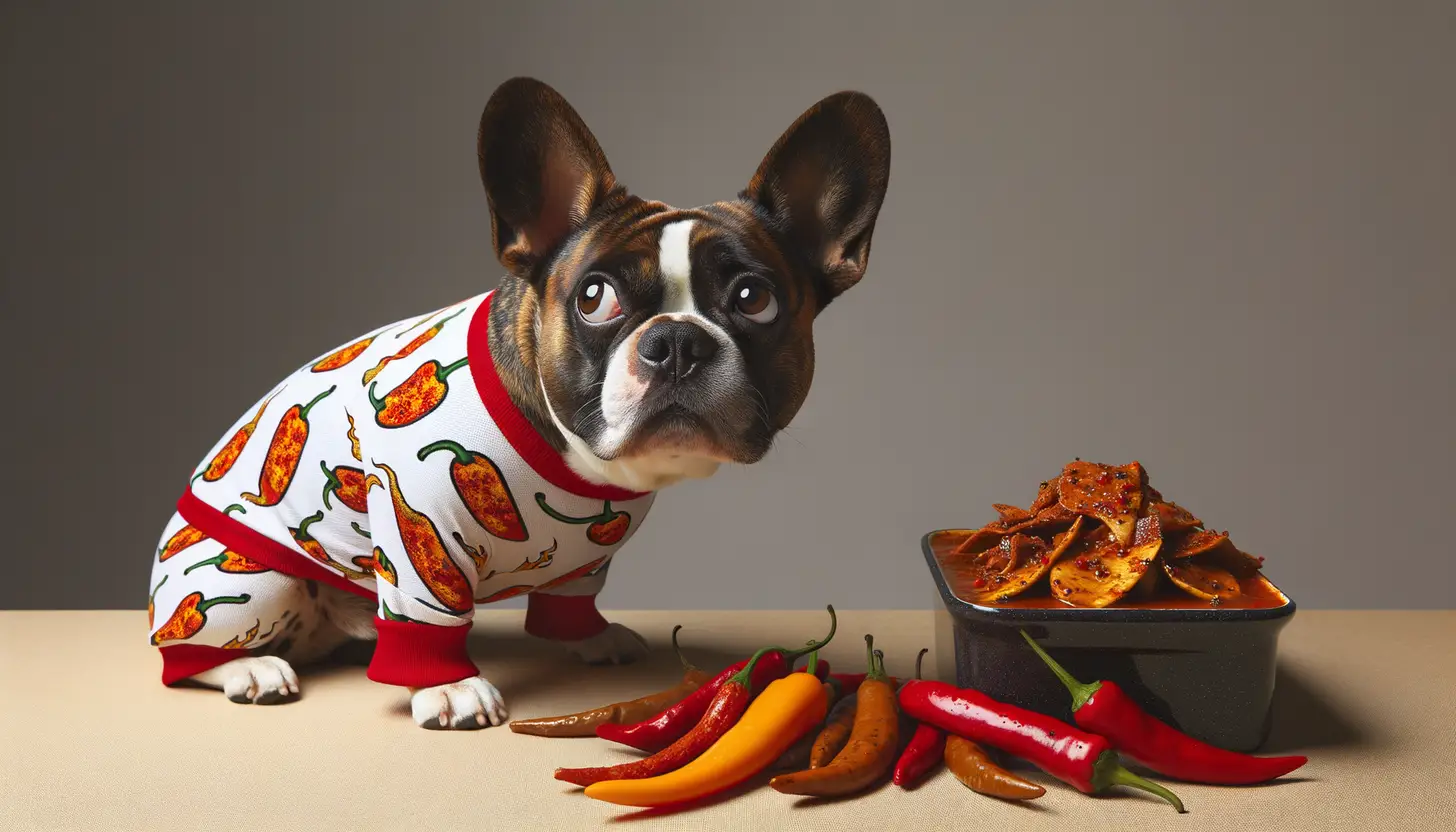 A dog with a concerned expression looking at spicy food, indicating it's toxic for dogs.