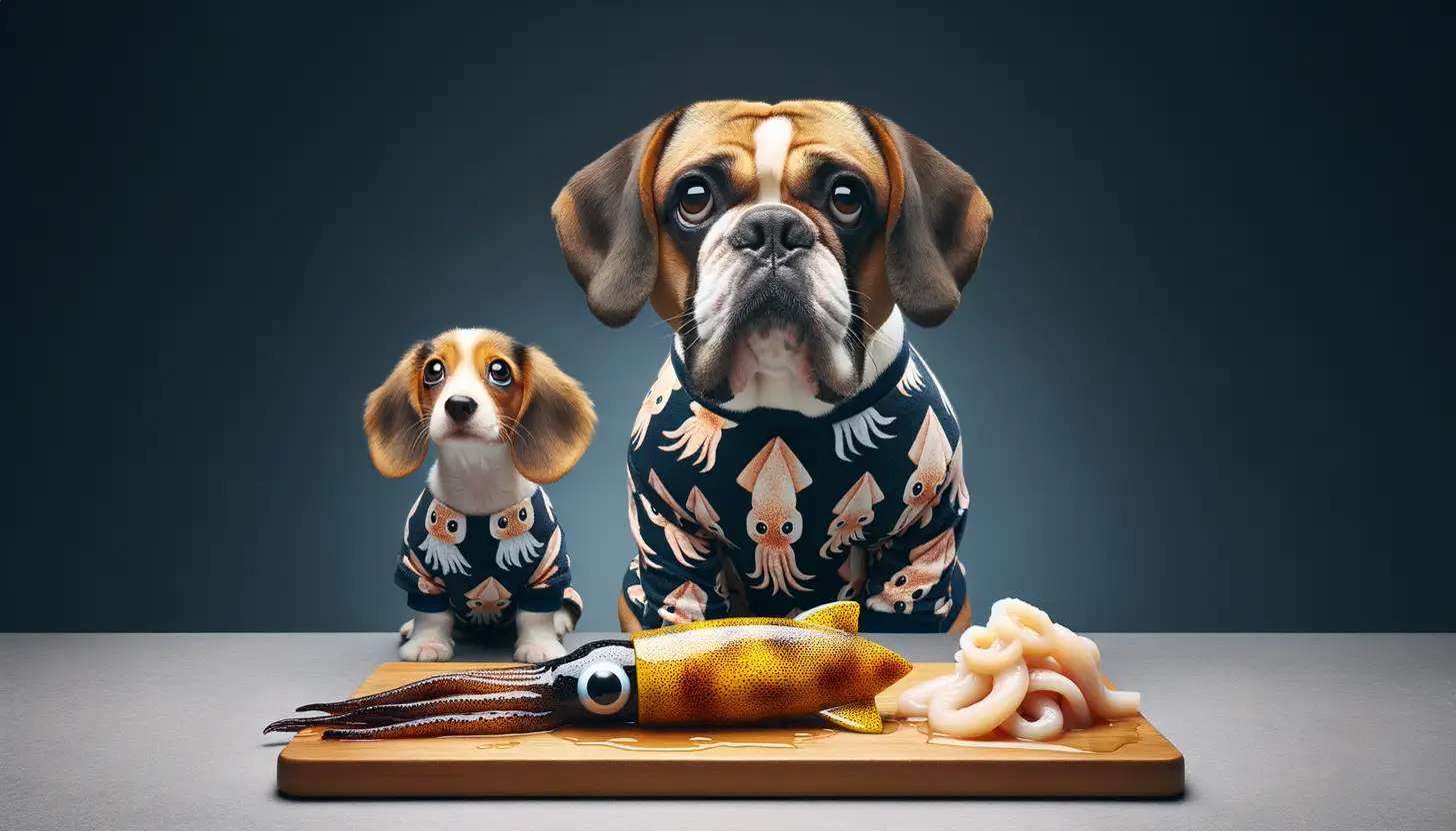 A dog with a happy expression looking at squid, highlighting healthy food for dogs.