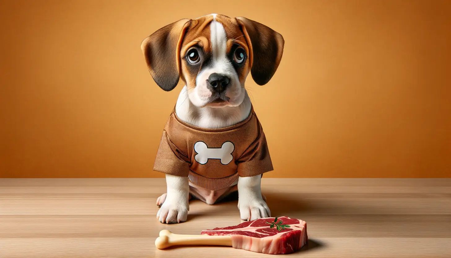 A dog with a wary expression looking at steak bone, showing they are harmful to dogs.