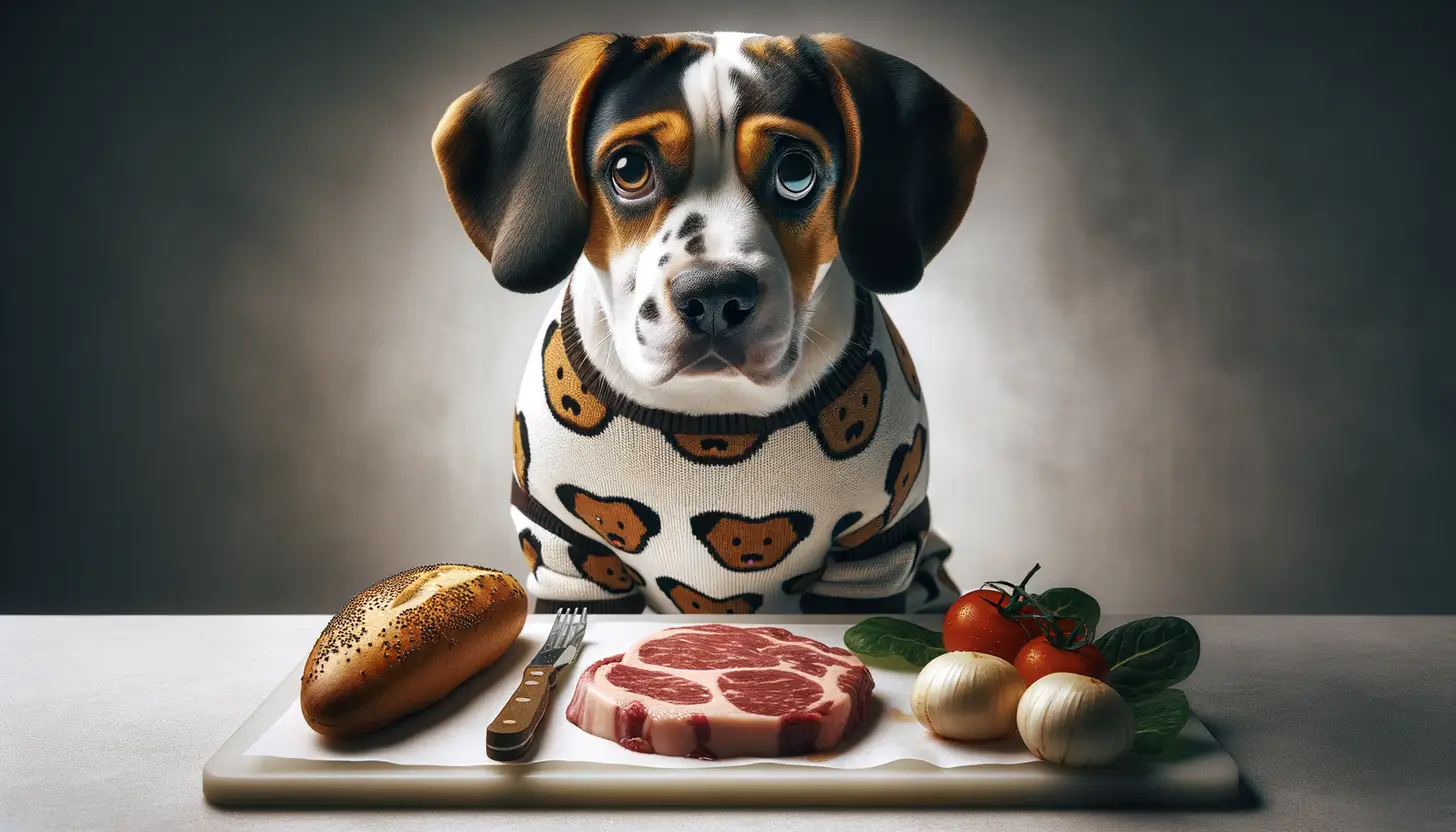 A dog with a wary expression looking at steak fat, showing they are harmful to dogs.