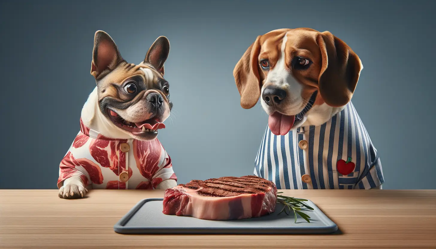 A dog with a happy expression looking at steak, highlighting healthy food for dogs.