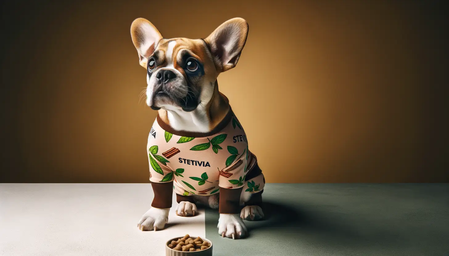 A dog with a concerned expression looking at stevia, indicating it's toxic for dogs.