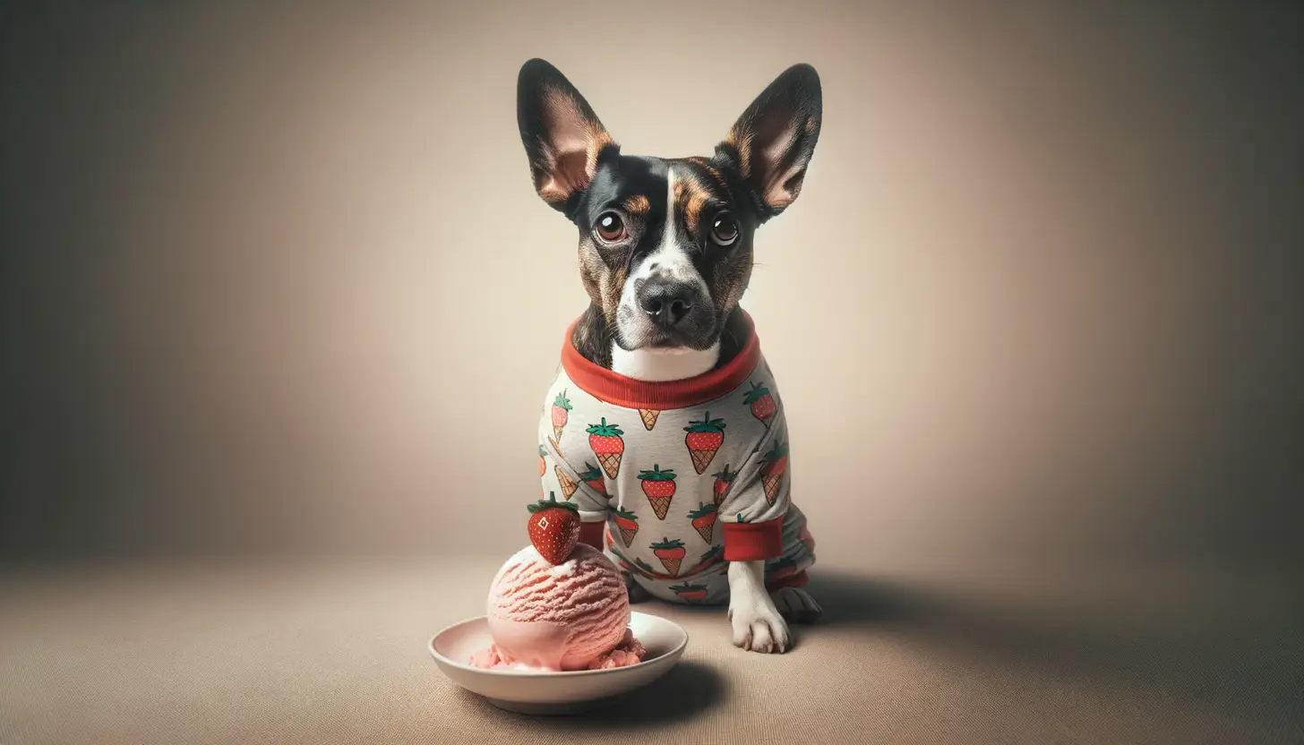 A dog with a wary expression looking at strawberry ice cream, showing they are harmful to dogs.