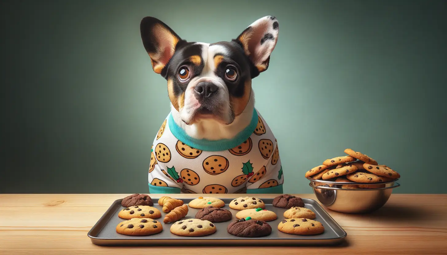 A dog with a wary expression looking at sugar cookies, showing they are harmful to dogs.