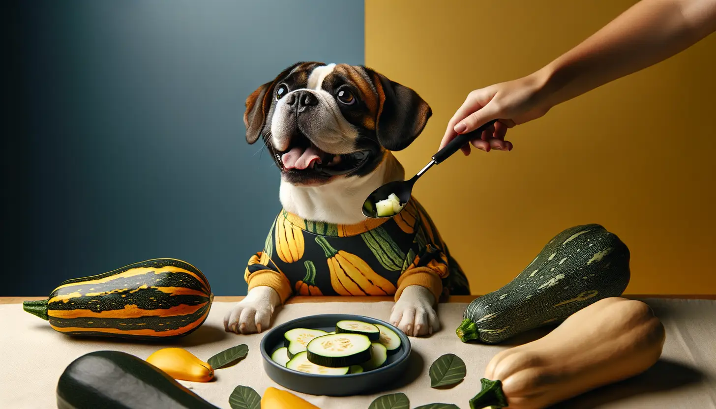 A dog with a happy expression looking at summer squash, highlighting healthy food for dogs.