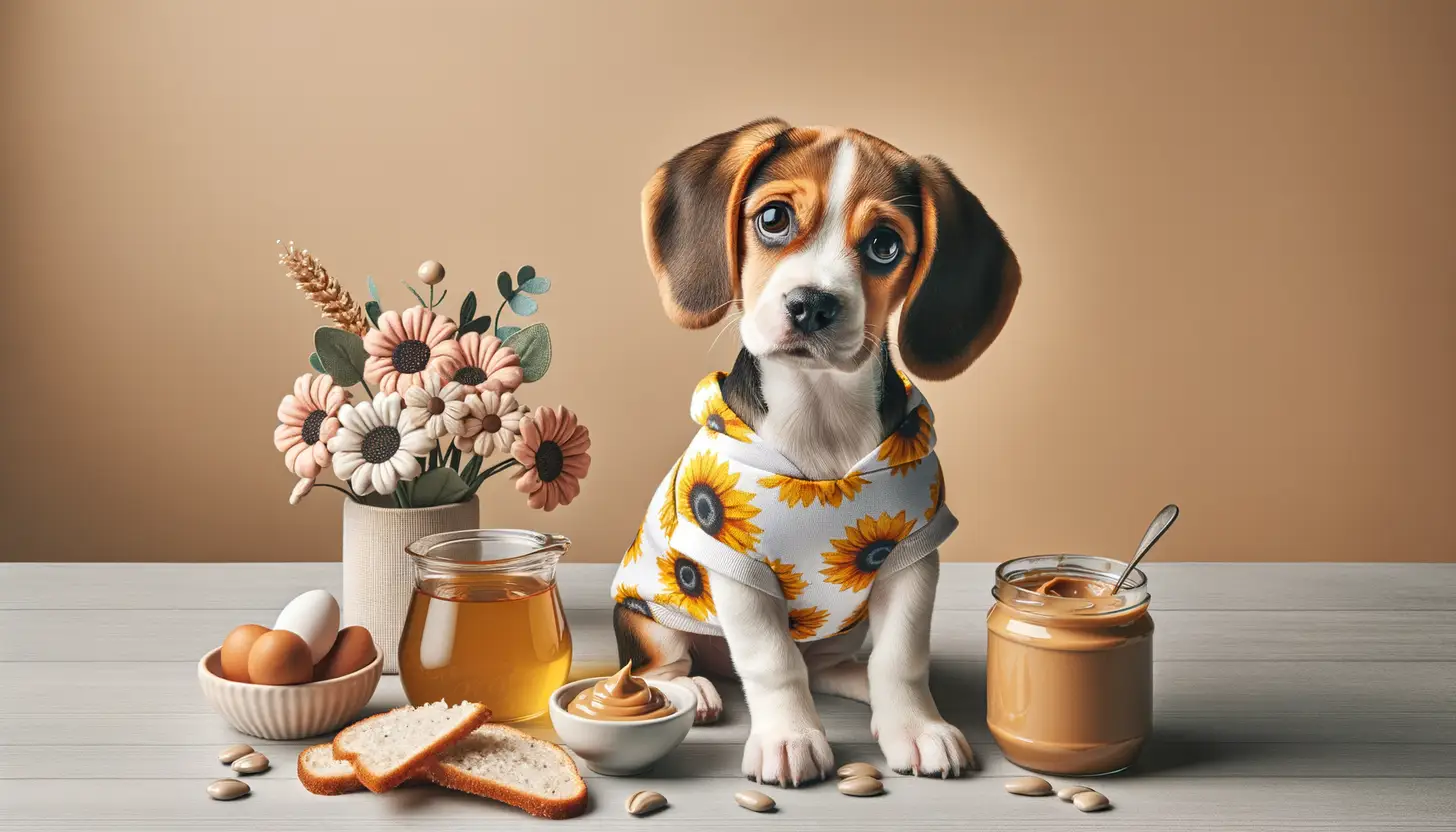 A dog with an unsure expression looking at sunflower butter, indicating caution for dog consumption.