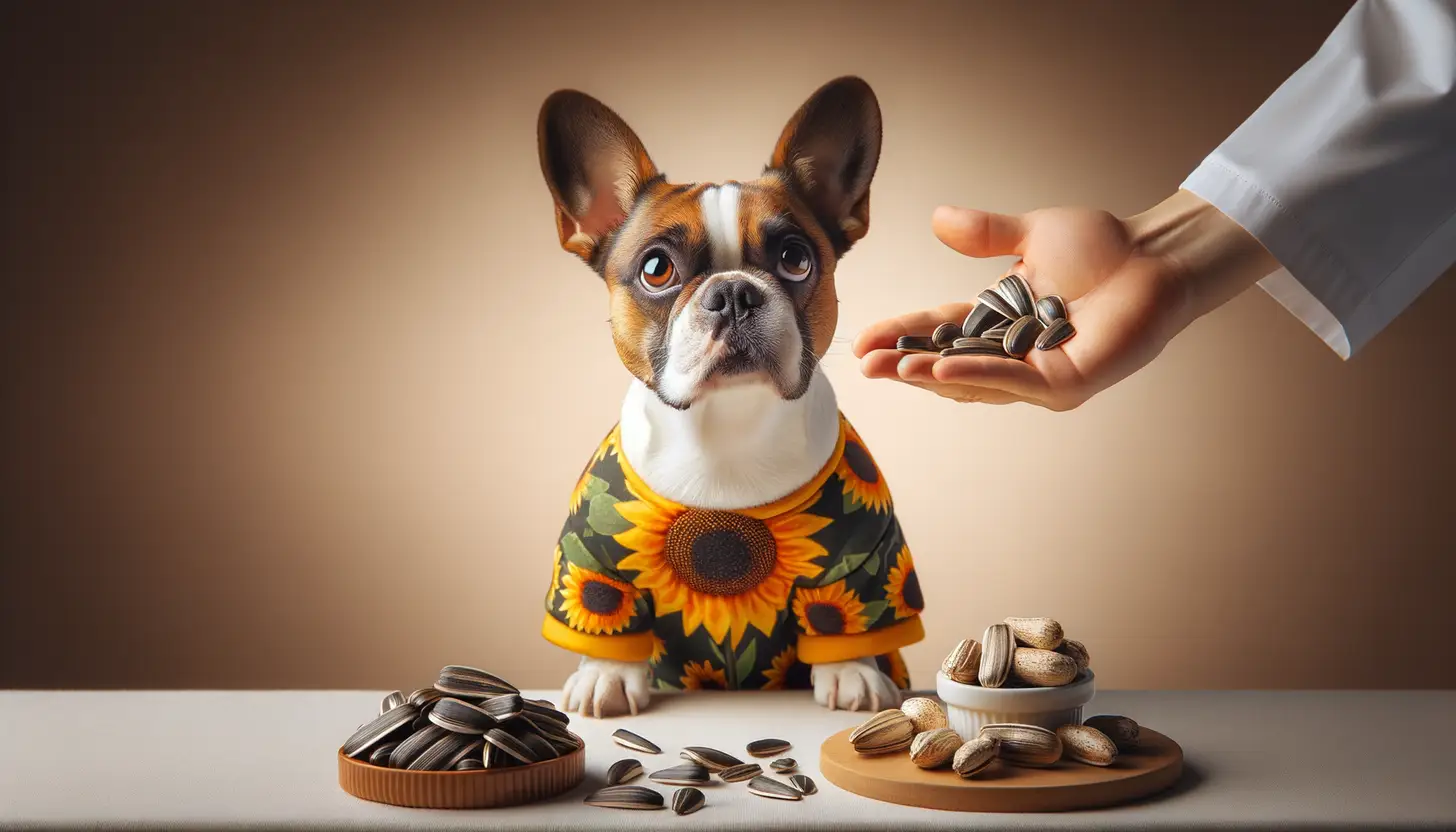 A dog with an unsure expression looking at sunflower seed, indicating caution for dog consumption.