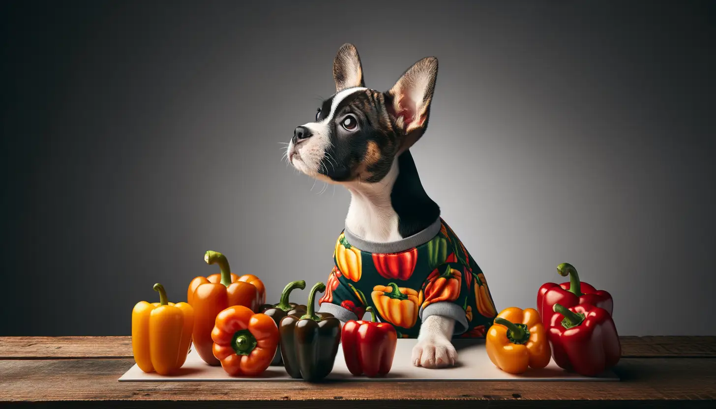 A dog with a happy expression looking at sweet peppers, highlighting healthy food for dogs.