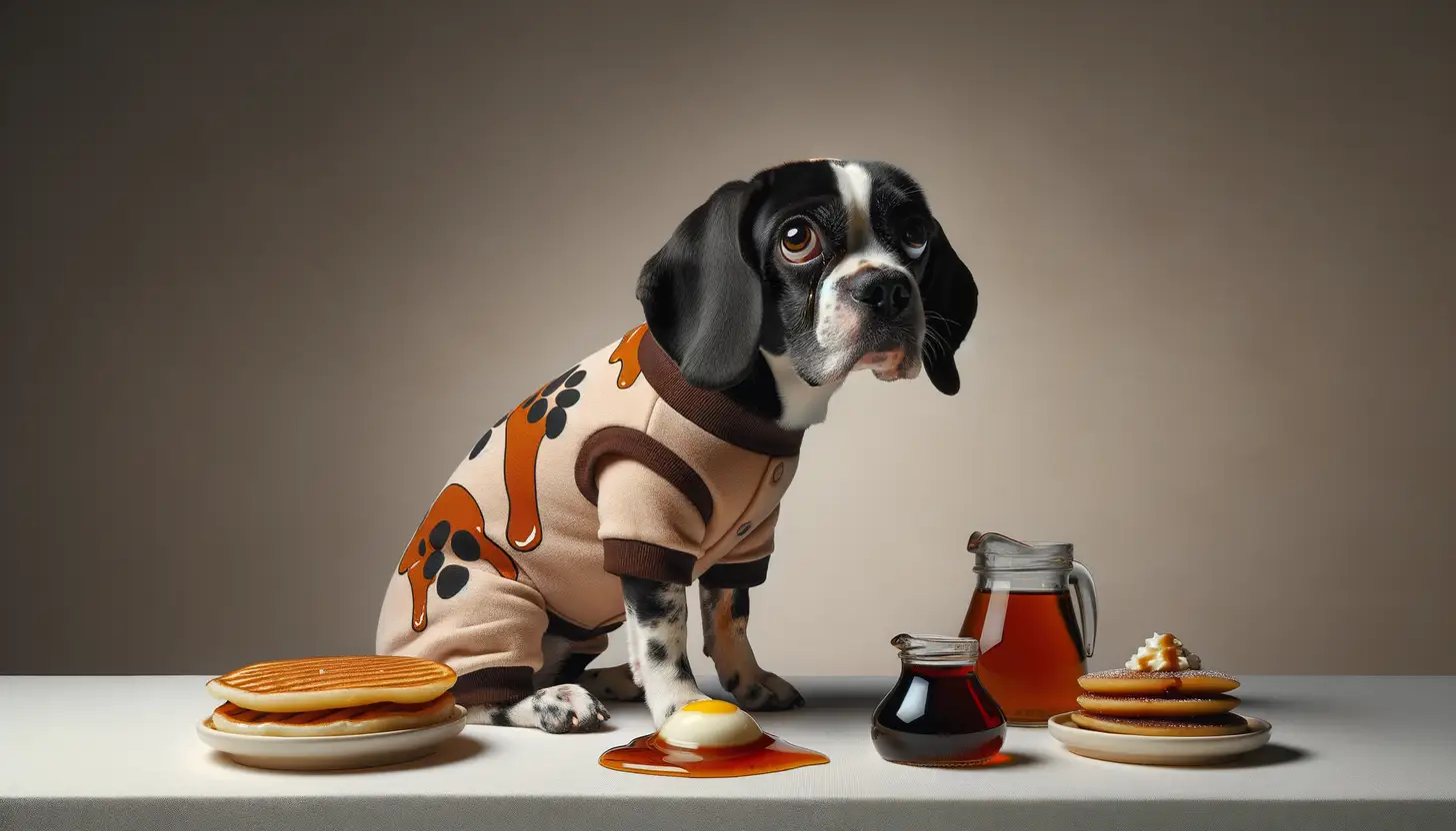 A dog with a wary expression looking at syrup, showing they are harmful to dogs.