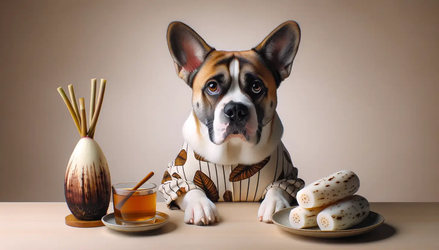 A dog with a concerned expression looking at taro, indicating it's toxic for dogs.