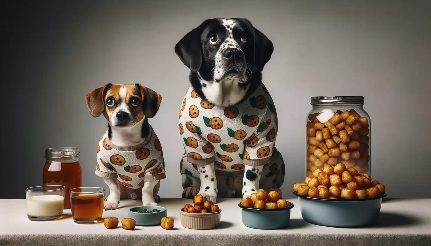 A dog with a wary expression looking at tater tots, showing they are harmful to dogs.