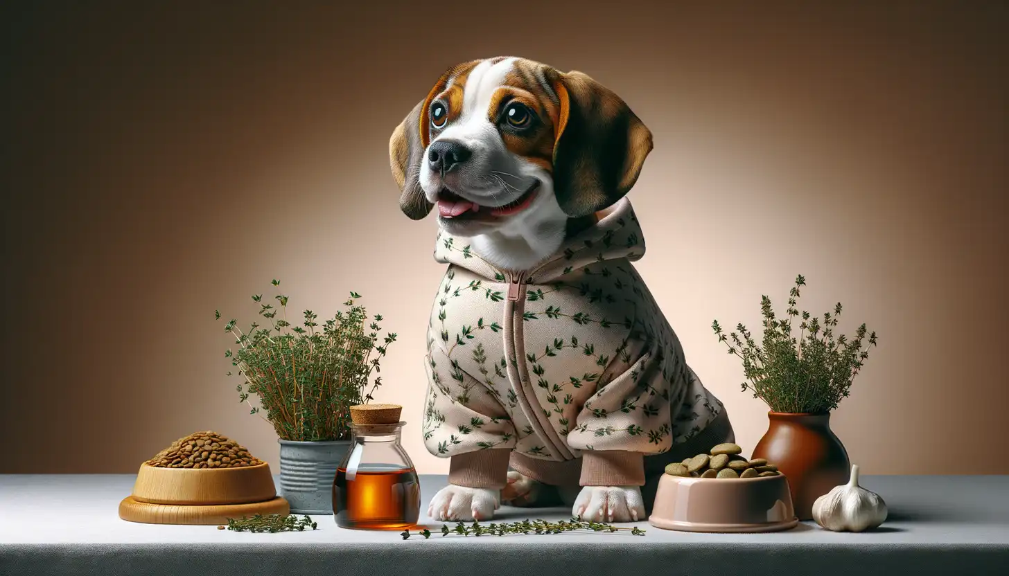 A dog with a happy expression looking at thyme, highlighting healthy food for dogs.