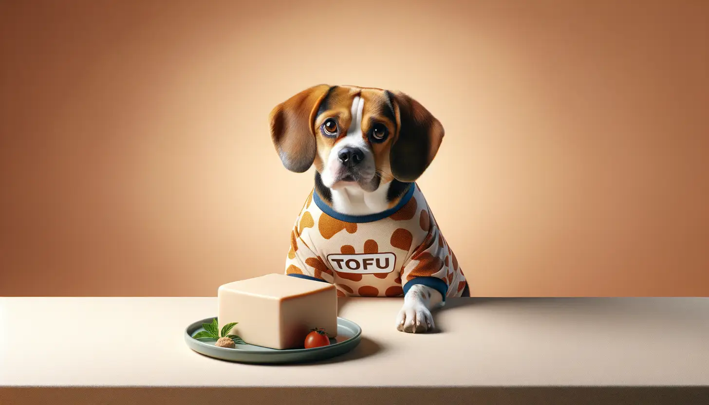 A dog with a happy expression looking at tofu, highlighting healthy food for dogs.