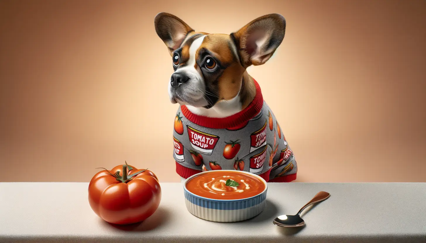 A dog with a curious expression looking at tomato soup, indicating moderate safety for dogs.