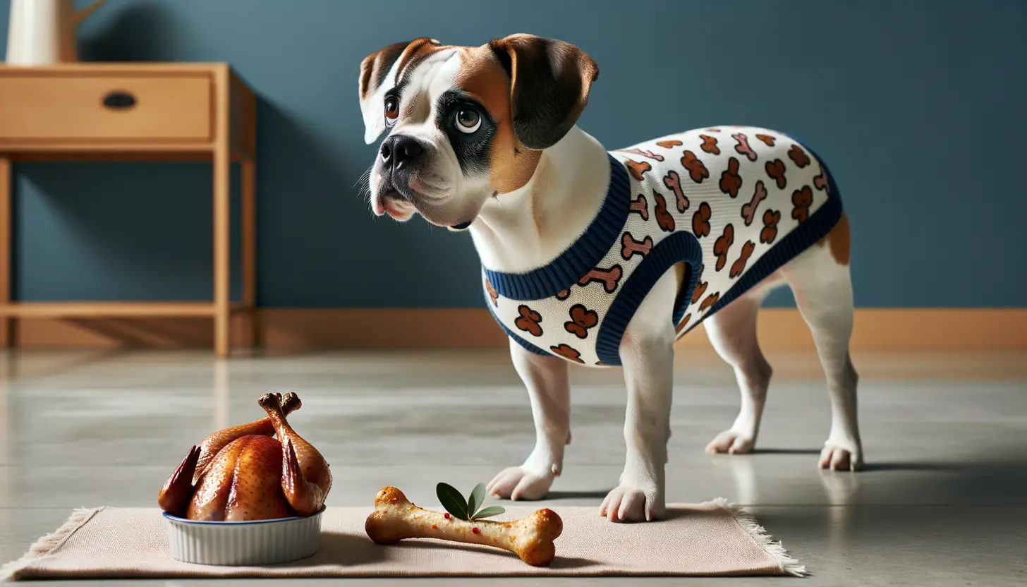 A dog with a concerned expression looking at turkey bones, indicating it's toxic for dogs.