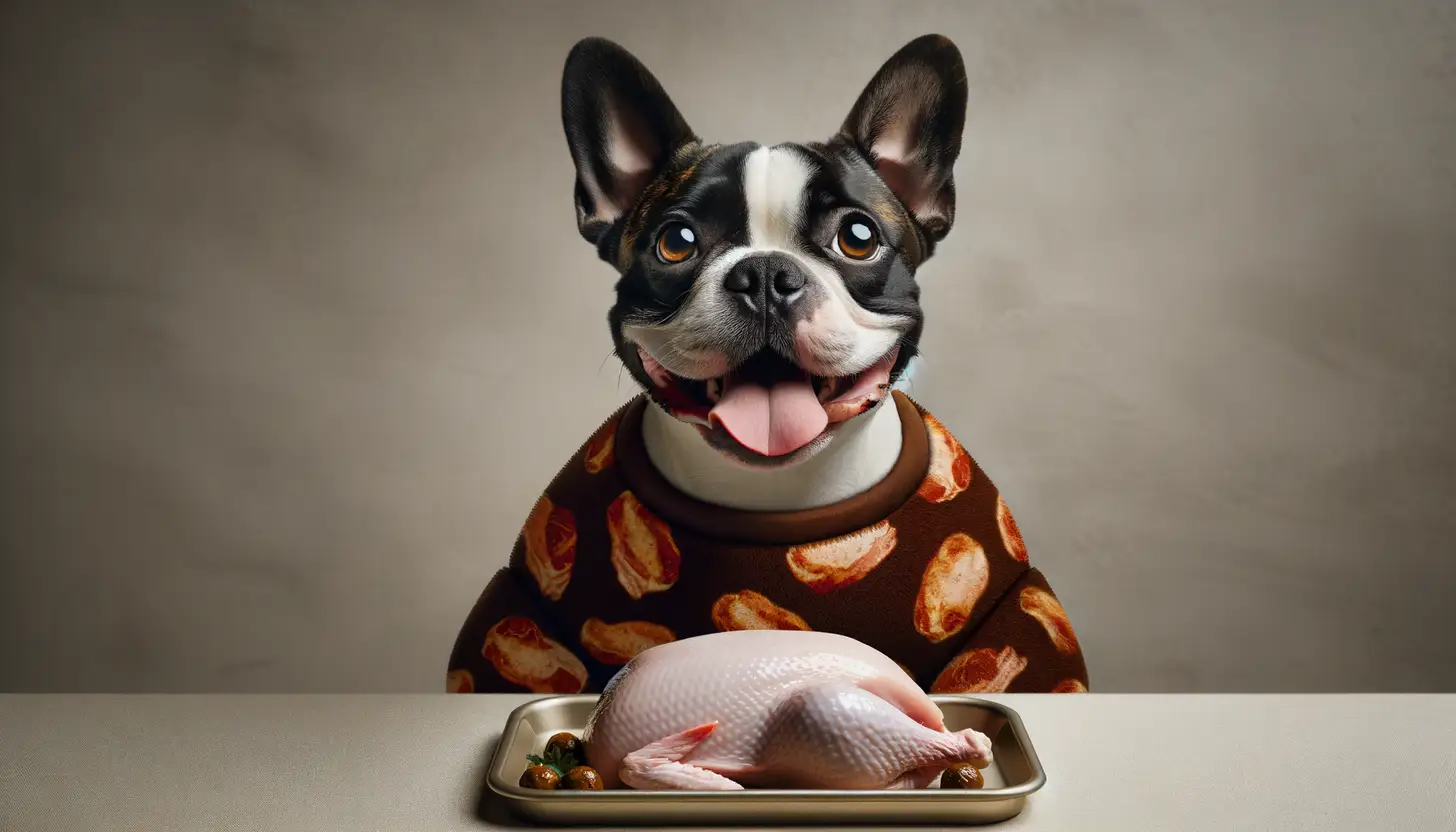 A dog with a happy expression looking at turkey meat, highlighting healthy food for dogs.