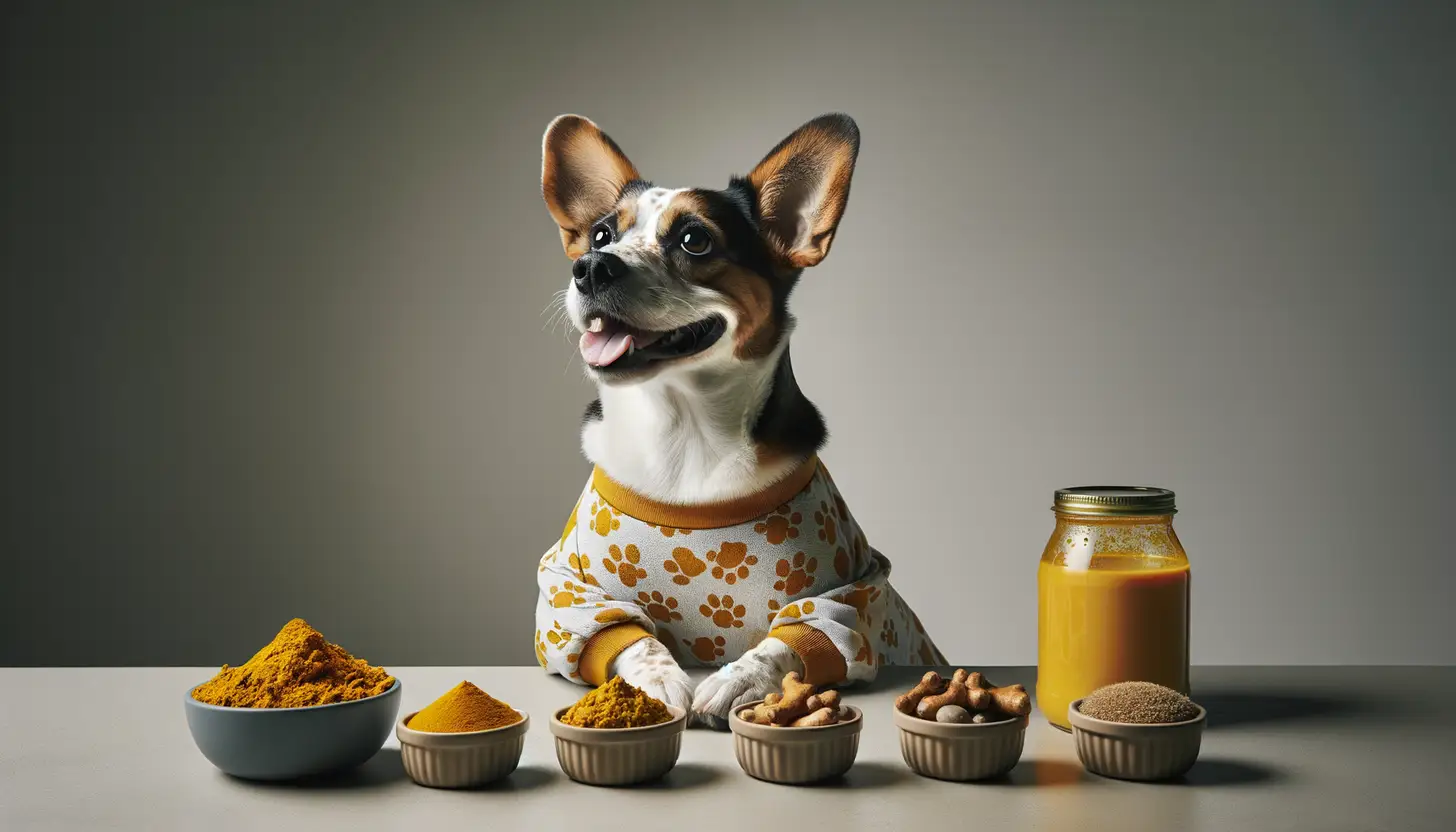 A dog with a happy expression looking at turmeric, highlighting healthy food for dogs.