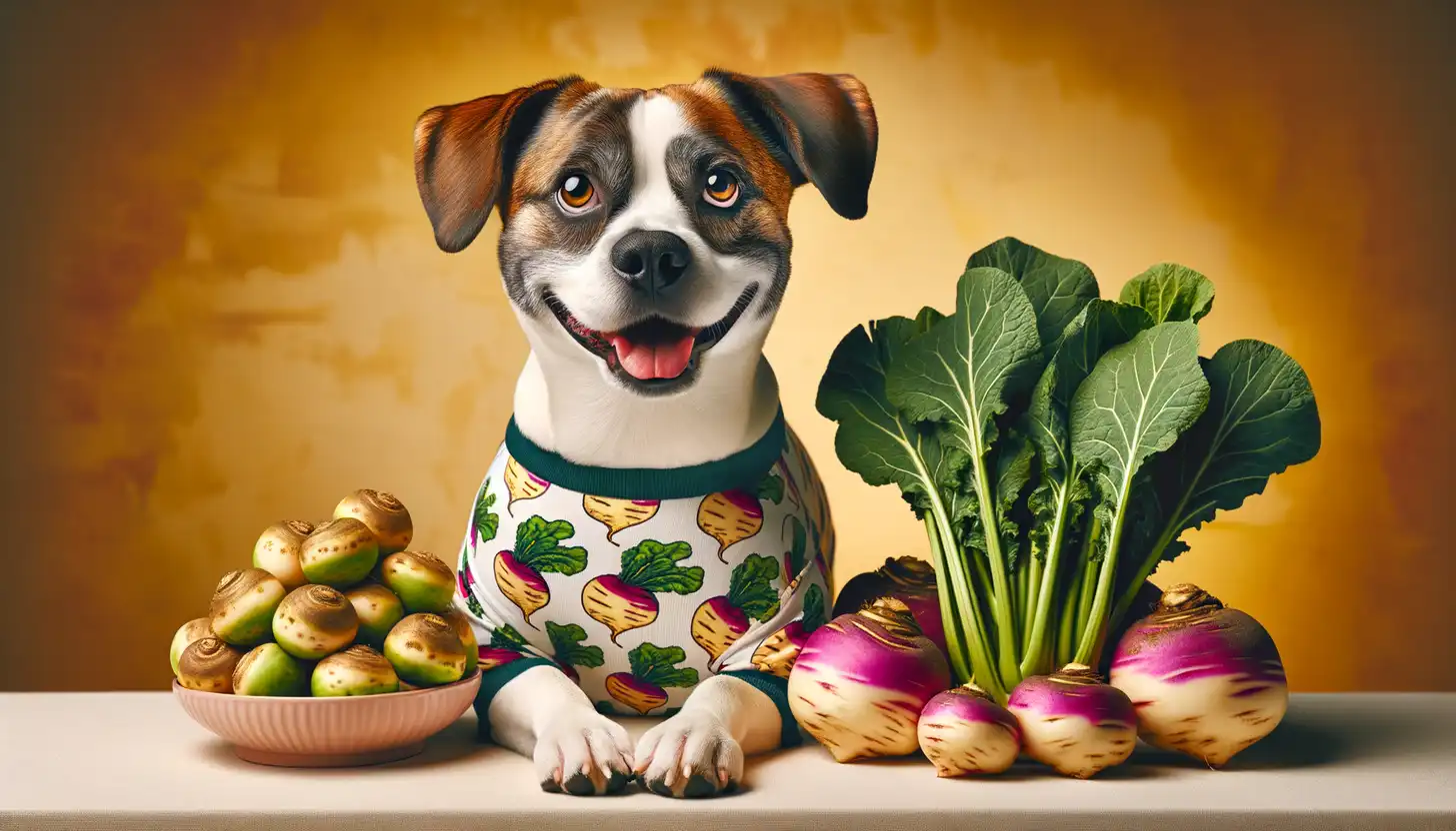 A dog with a happy expression looking at turnips, highlighting healthy food for dogs.