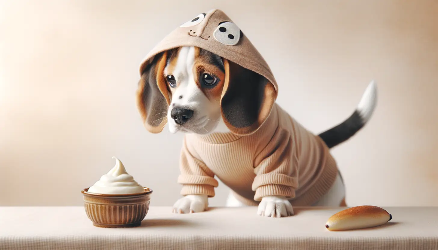 A dog with a curious expression looking at vanilla yogurt, indicating moderate safety for dogs.