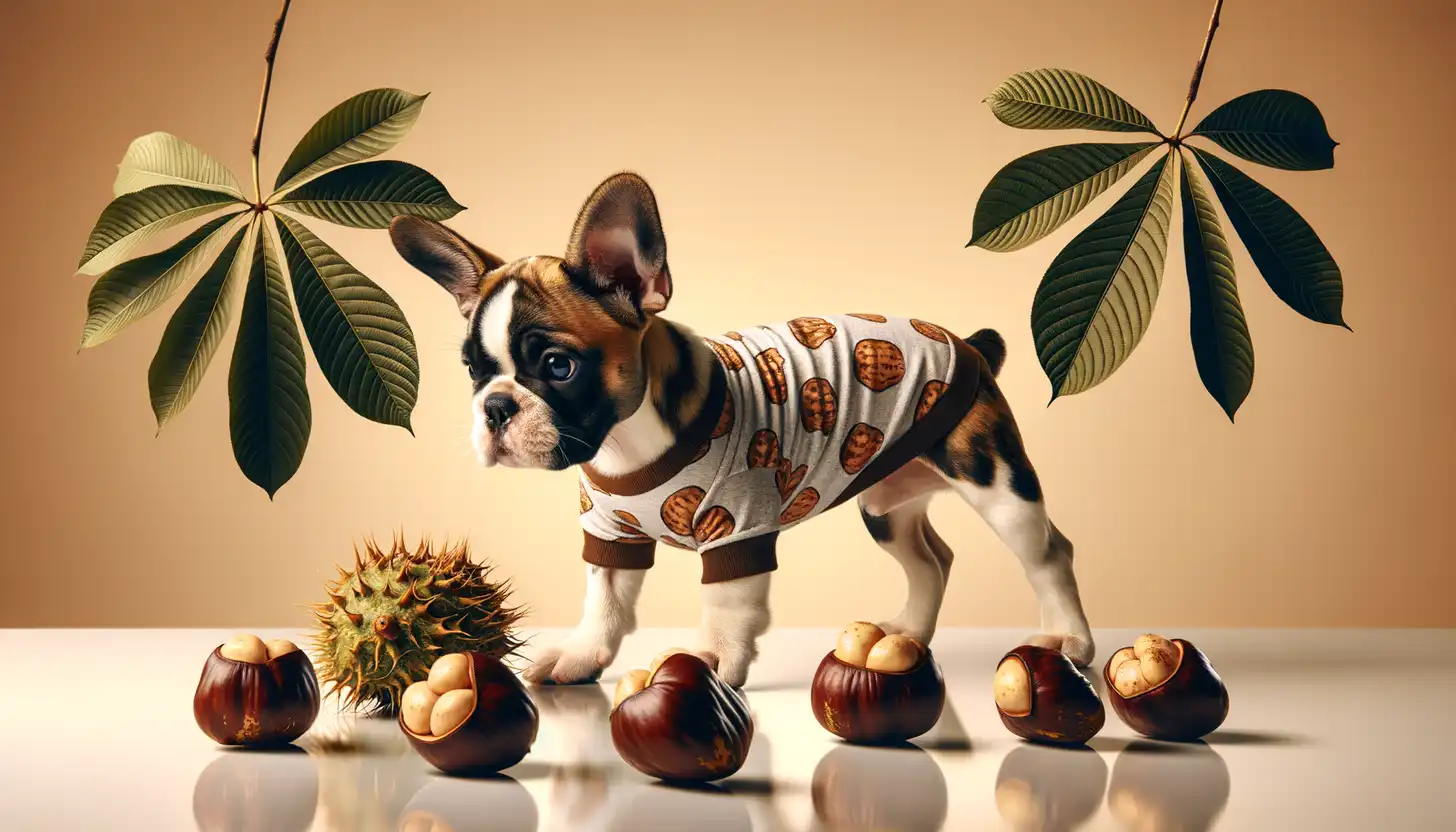 A dog with a curious expression looking at water chestnuts, indicating moderate safety for dogs.