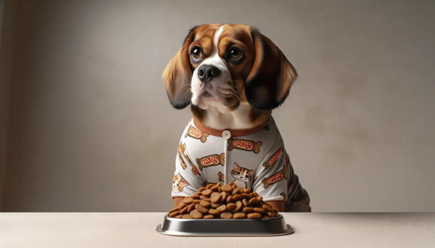 A dog with a wary expression looking at wet cat food, showing they are harmful to dogs.