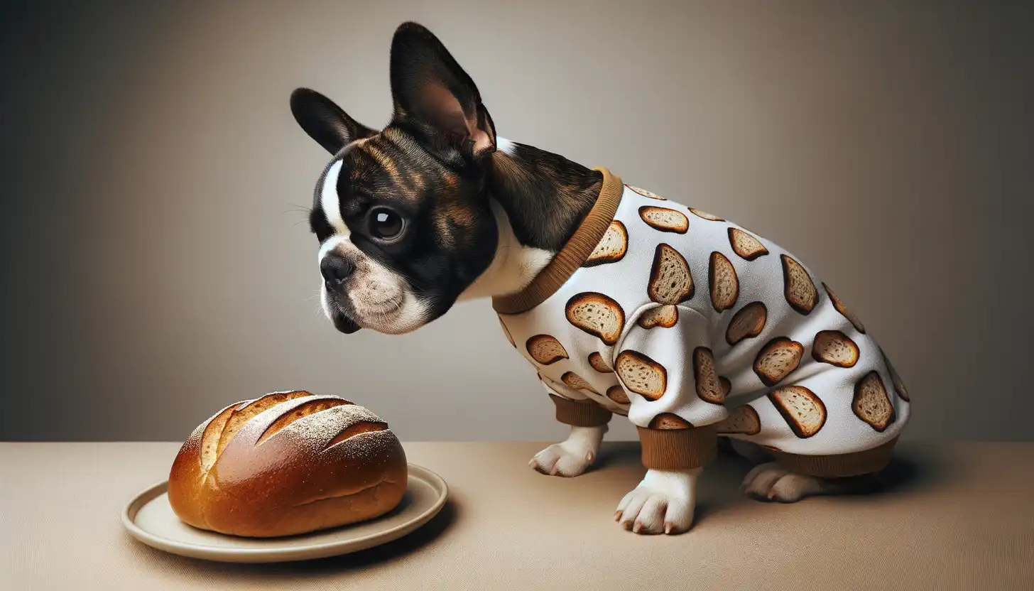 A dog with a curious expression looking at white bread, indicating moderate safety for dogs.