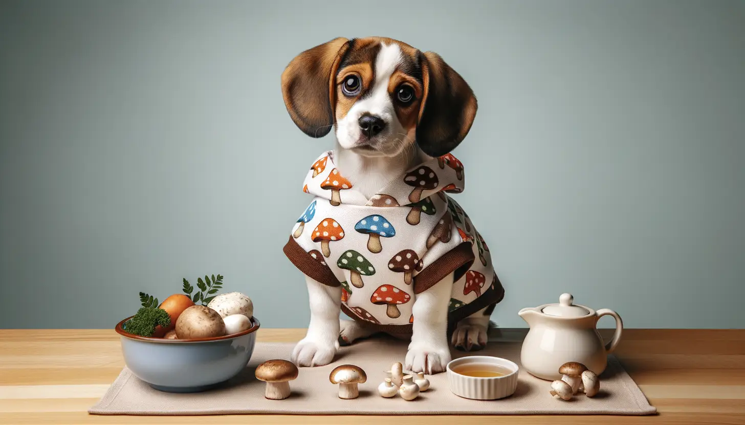 A dog with an unsure expression looking at white mushrooms, indicating caution for dog consumption.