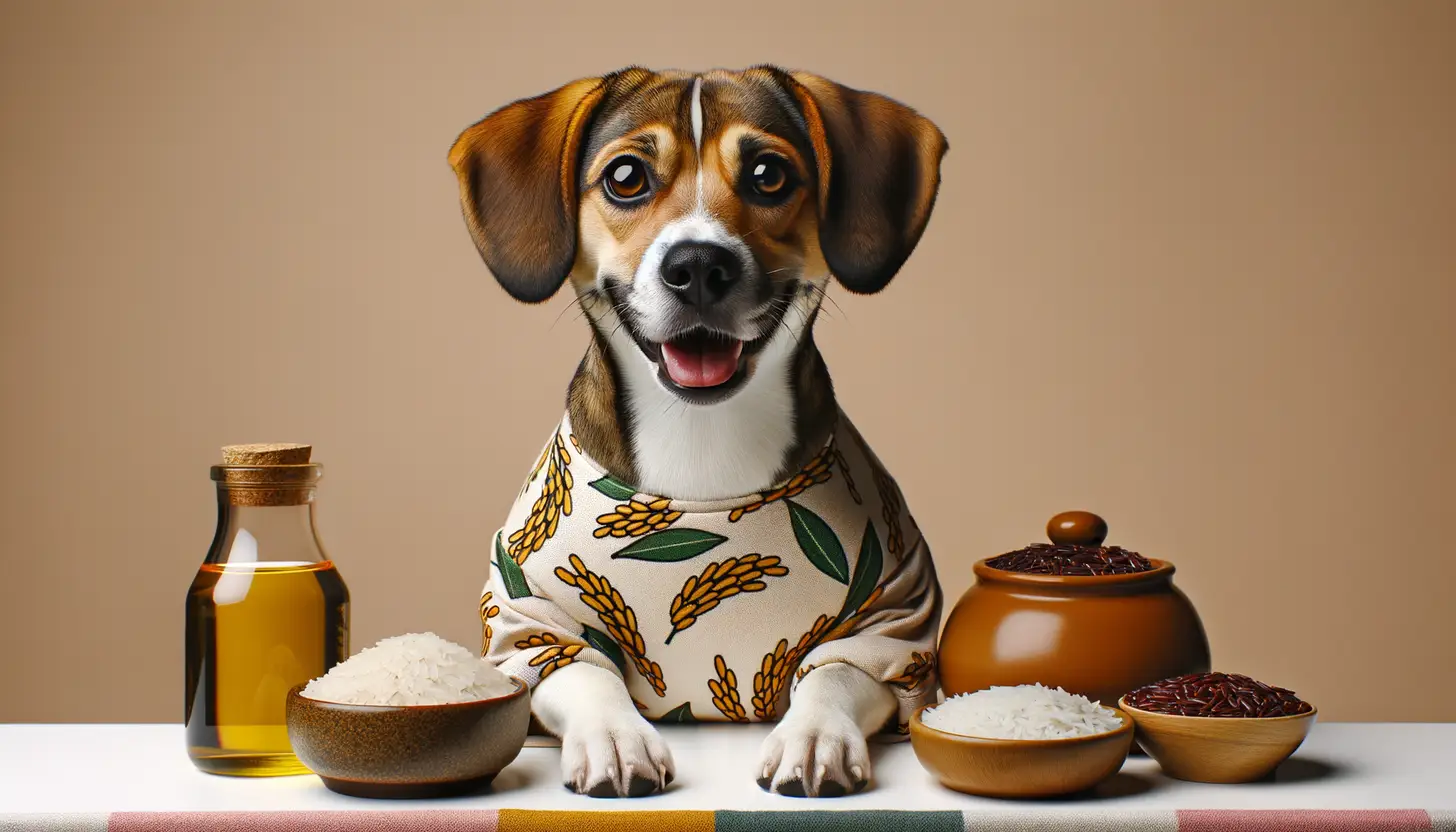 A dog with a happy expression looking at wild rice, highlighting healthy food for dogs.