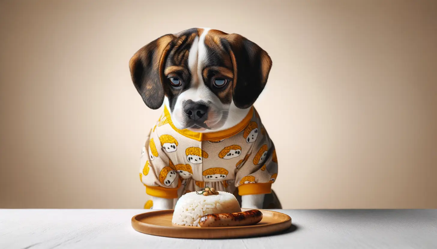 A dog with a curious expression looking at yellow rice, indicating moderate safety for dogs.