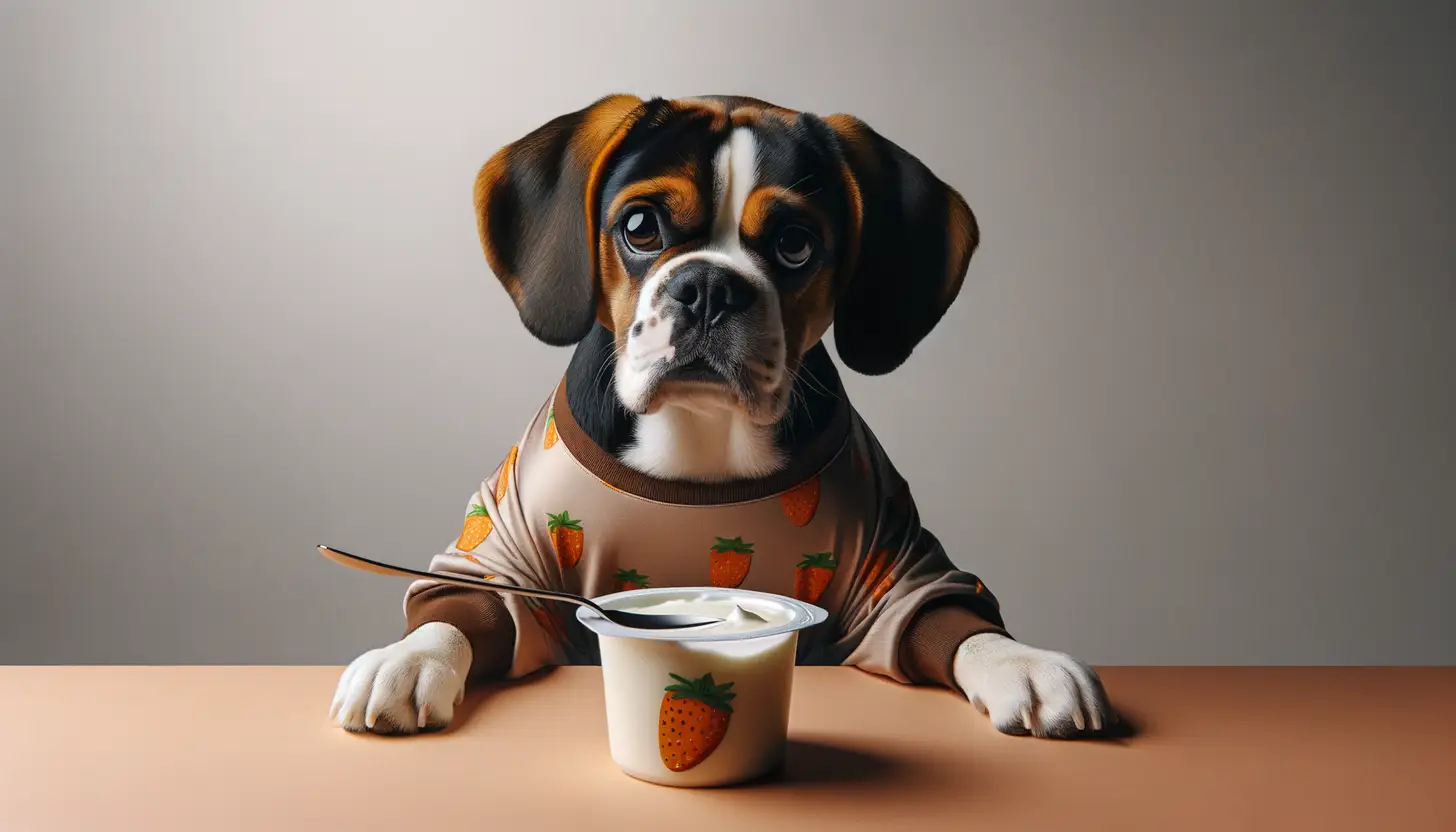 A dog with a wary expression looking at yogurt, showing they are harmful to dogs.