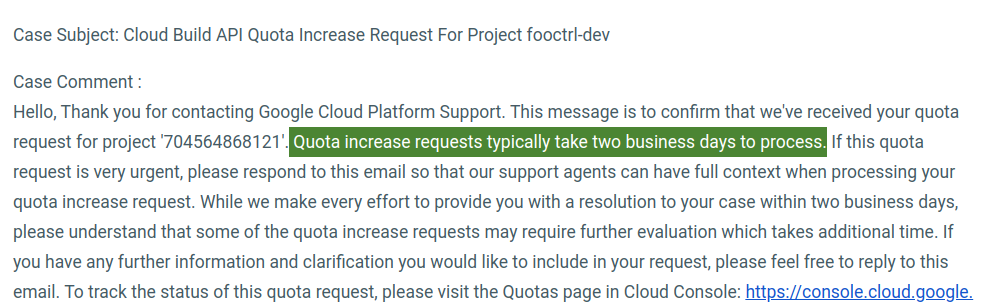 Example cloud build API quota request email