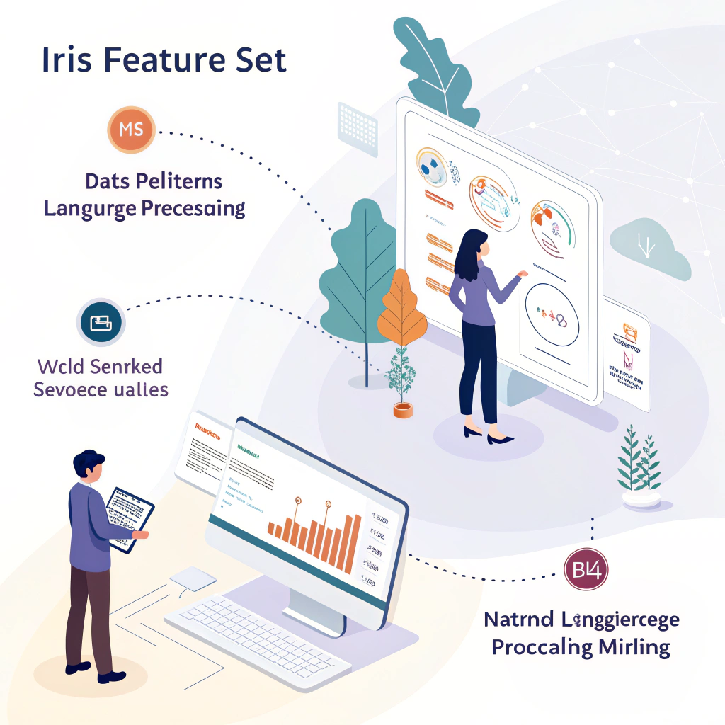 Iris AI feature showcase displaying multiple platform capabilities including data analysis, natural language processing, and predictive modeling with an elegant user interface and interactive elements.