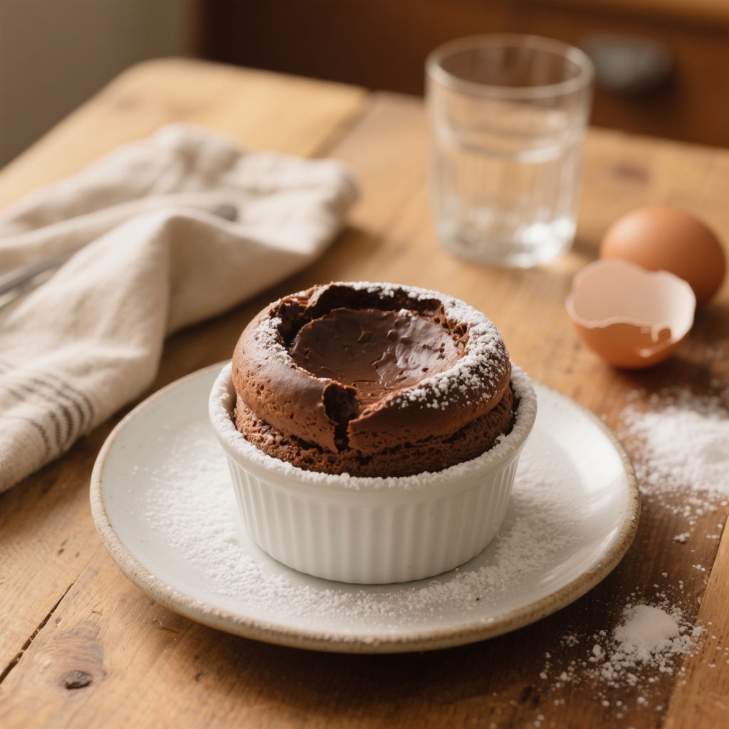 A delectable chocolate soufflé plated and ready to be enjoyed.