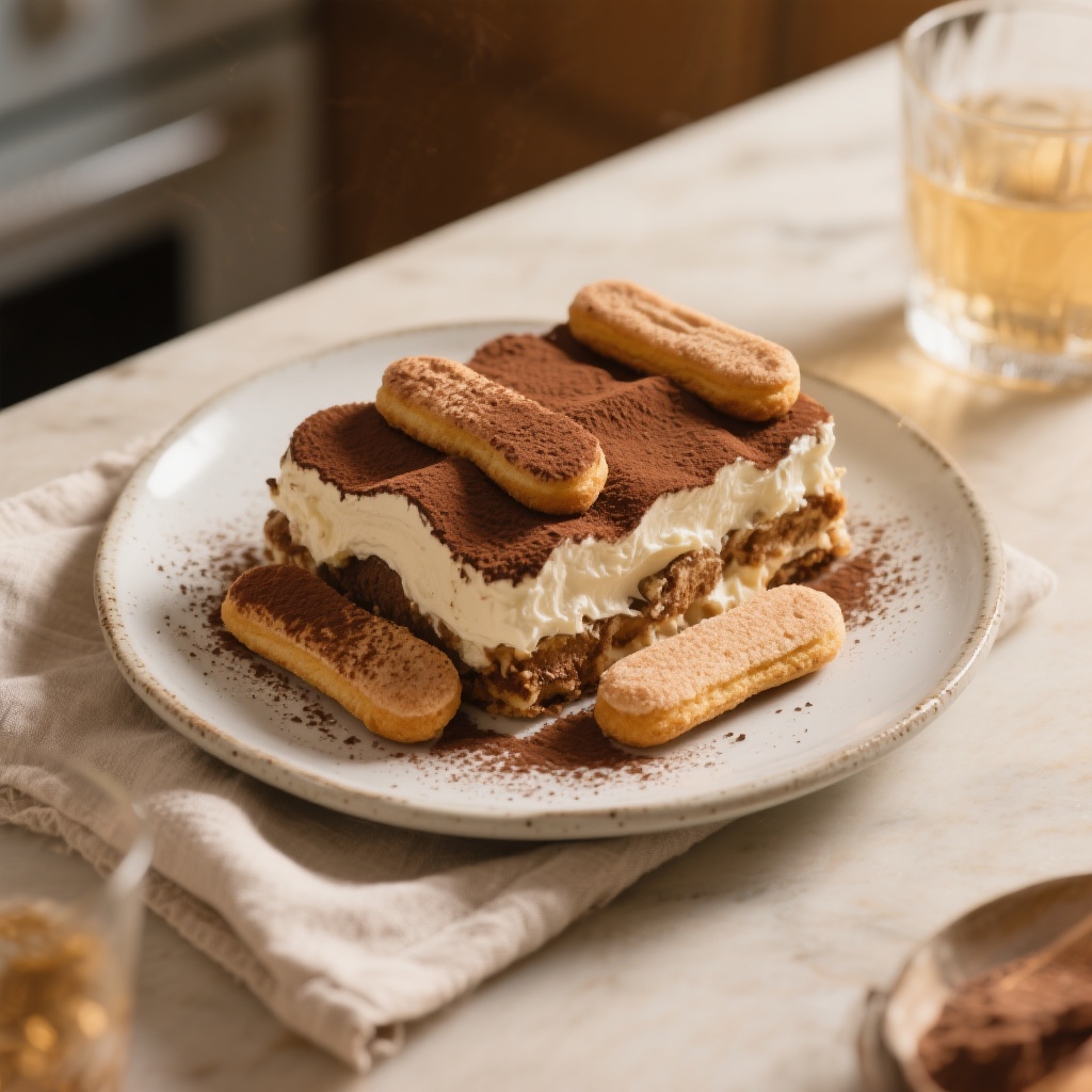 A delectable tiramisu dessert on a wooden table.