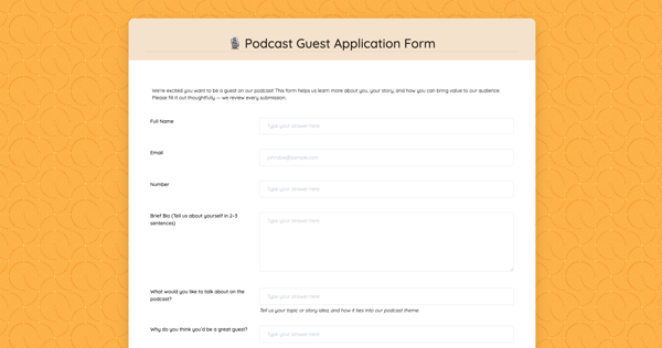 Podcast Guest Application Form template