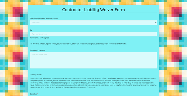 Contractor Liability Waiver Form template