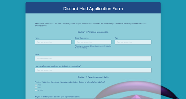 Discord Moderator Application Form template