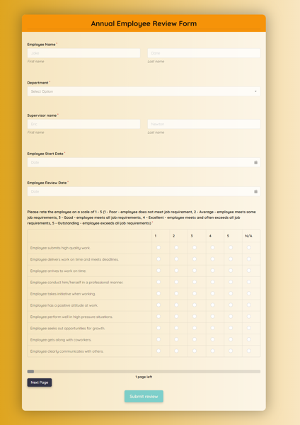 Employee Review Form Template template