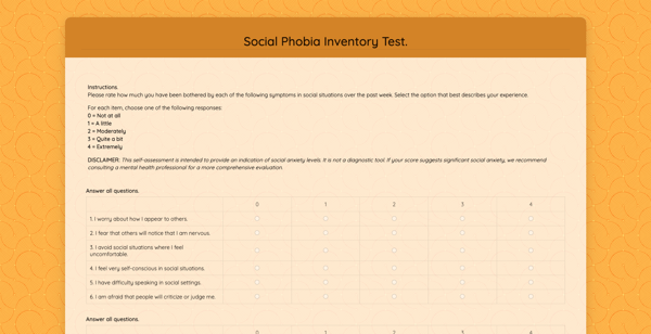 Social Phobia Inventory template