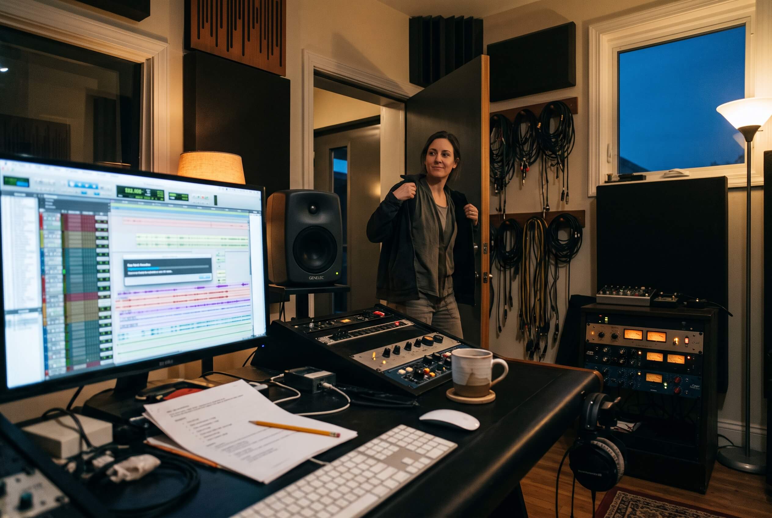 A delivery folder filling with labeled stem files while a Pro Tools session renders in the background. AI-generated illustration.