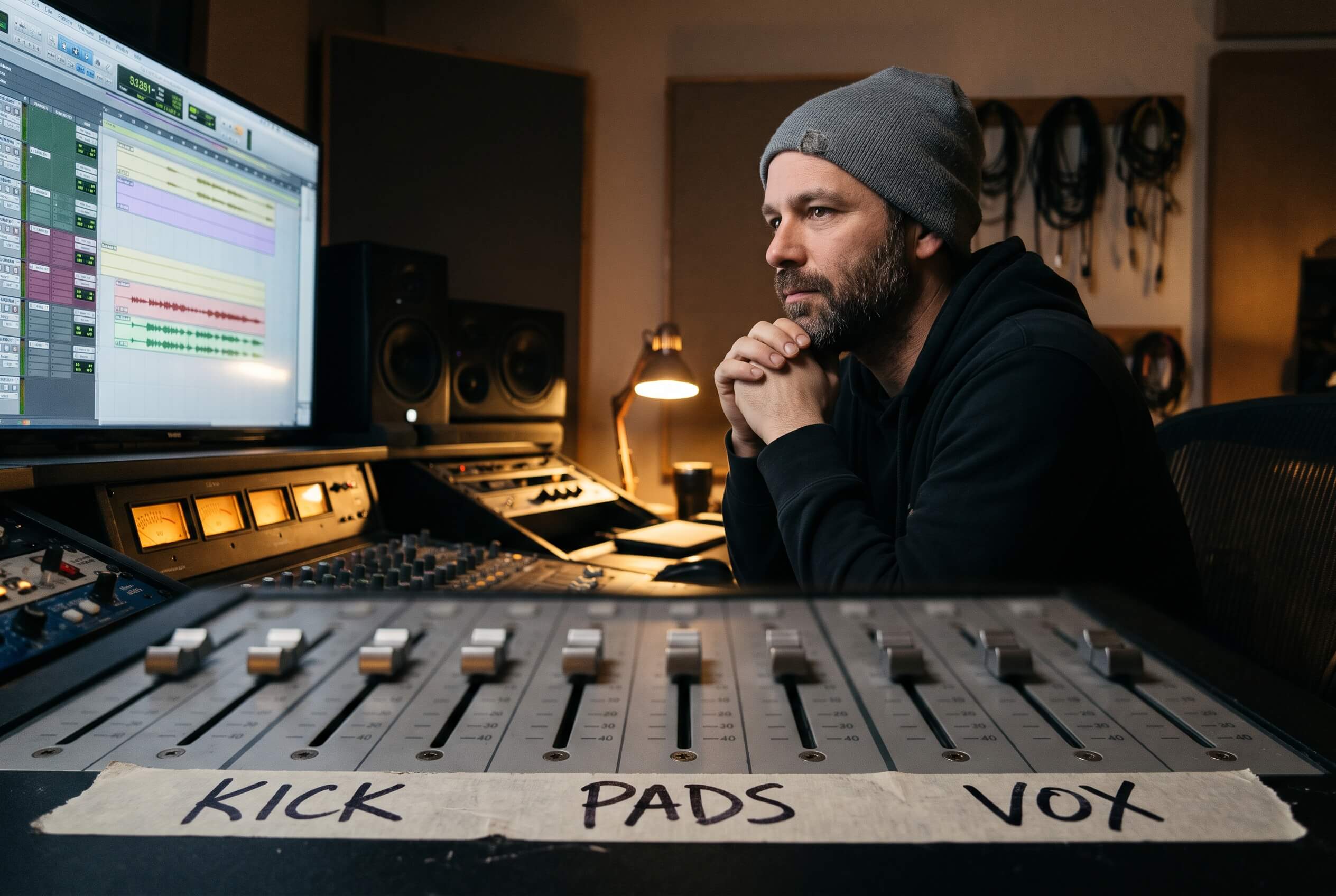 A row of faders settling to the same level as waveforms of different sizes align in one session. AI-generated illustration.