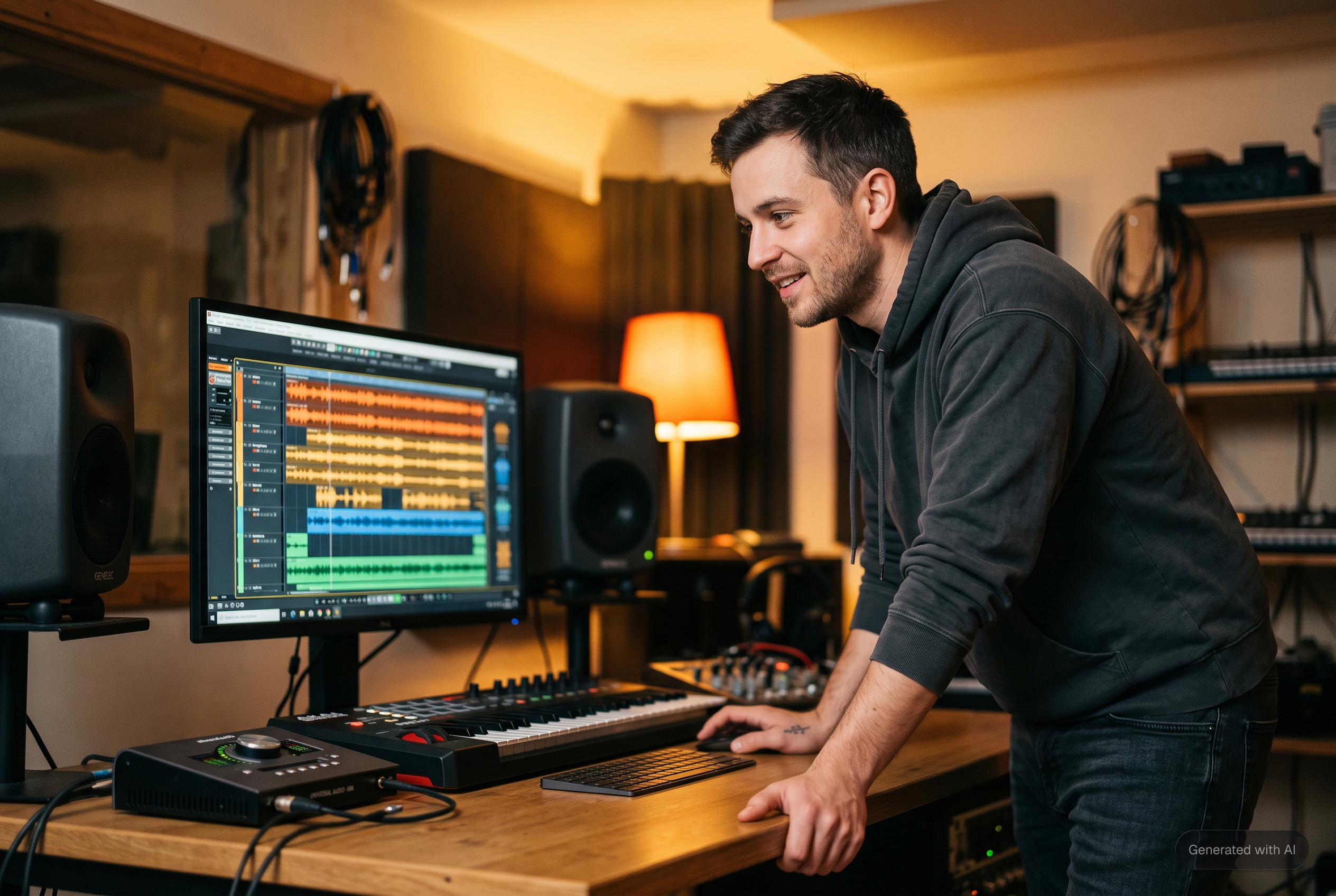 Rows of waveforms in a dark timeline view, one track soloed, a Pro Tools icon waiting in the dock. AI-generated illustration.