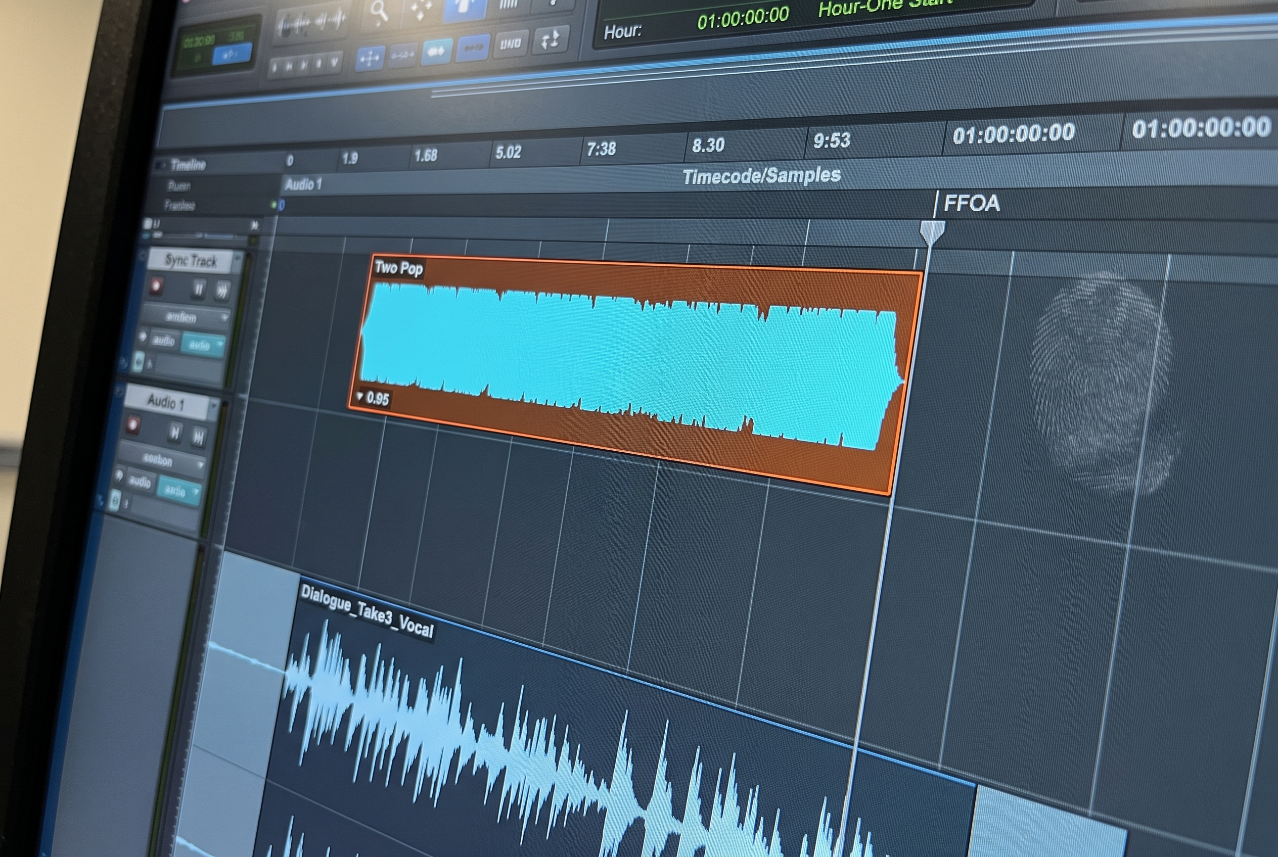 Countdown leader frozen on the two, timecode burn in reading 00:59:58:00 in the lower third. AI-generated illustration.