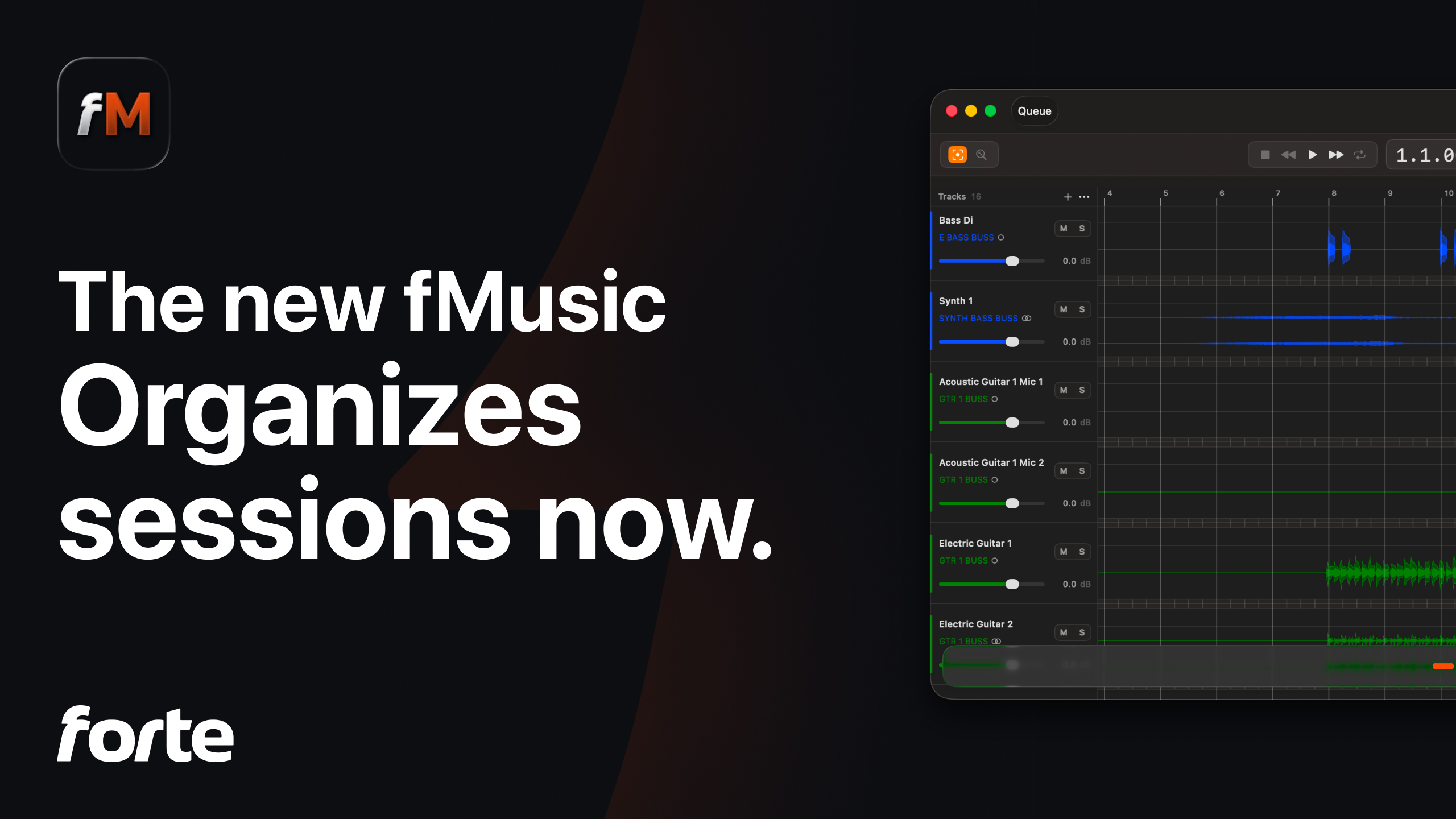 Two studio displays side by side, an older session layout on one and the new fMusic dashboard on the other AI-generated illustration.